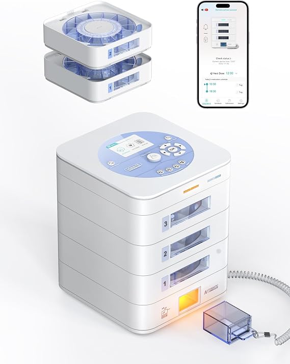 28-Day Automatic Pill Dispenser with App Control & LCD Display, Electronic Medication Organizer with Dual Tray System, Smart Medication Reminder with Alarm Light Sound Voice Alert