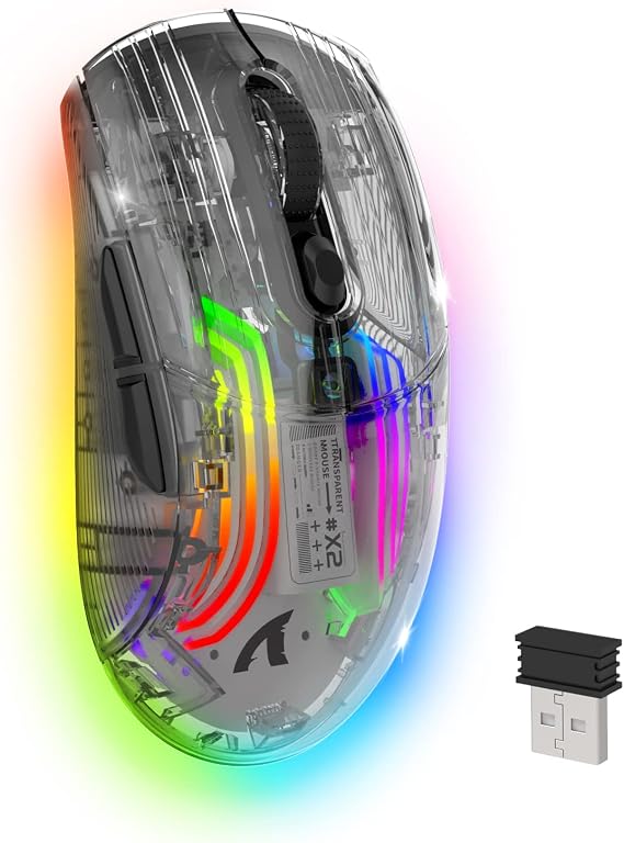 Wireless Gaming Mouse PC Transparent Shell Computer Mice with Dual Mode BT5.0/2.4G,PixArt Chip 3D RGB Lighting,Ergonomic 7 Buttons,Rechargeable Mute Mouse for PC Laptop Tablet PS4 PS5 Xbox one