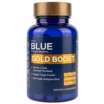 AROMEL Blue Gold Boost | USP Grade Methylene Blue Capsules with Vitamin C Ester & Organic Cacao Powder | Enhanced Absorption Nootropic Supplement for Cellular Energy | 60 Capsules
