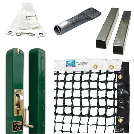 Edwards Wimbledon Tennis Posts Permanent Court Kit 3 Square, Internal Wind, Green Optional Ground Sleeves