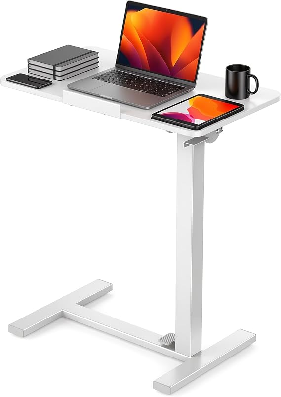 DUMOS Overbed Table with Wheels, Height-Adjustable Bedside Table, White