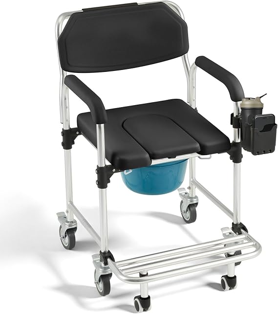 Rolling Shower Wheelchair for Elderly, 4-in-1 Bedside Commode Chair, Multi-Function Mobile Transport Toilet Chair with 4 Lockable Wheels, Cup & Phone Holder,Anti-Tipping Footrest, Black