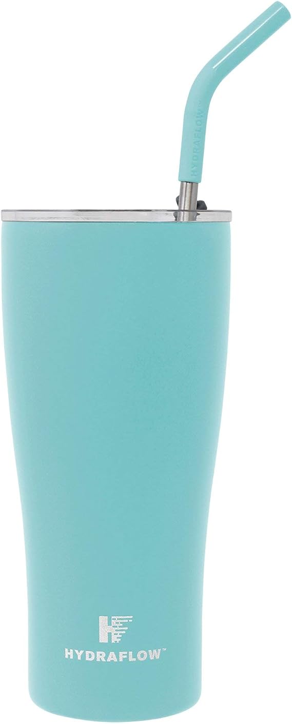 HYDRAFLOW Capri - 30oz Tumbler with Straw - Triple Wall Vacuum Insulated Tumbler - Insulated Smoothie Cup - Stainless Steel Tumbler - Reusable Tumbler with Lid - (Powder Aqua)