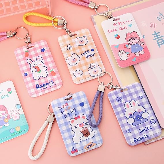 5 Pcs Kpop Photocard Holder Keychain Y2K Aesthetic Korean Cartoon Cardholder Gyaru Cute Badge Holder Downtown Girls Hard Shell Protective Photo Sleeves (5 Pcs,3 Inch)