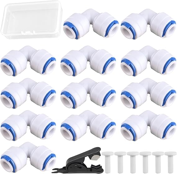 12 Pcs 1/4 inch Elbow Quick Connect Fitting, 90° Push in Type Elbow Water Tube Fitting with 1/4" shutoff Head for Water Reverse Osmosis System