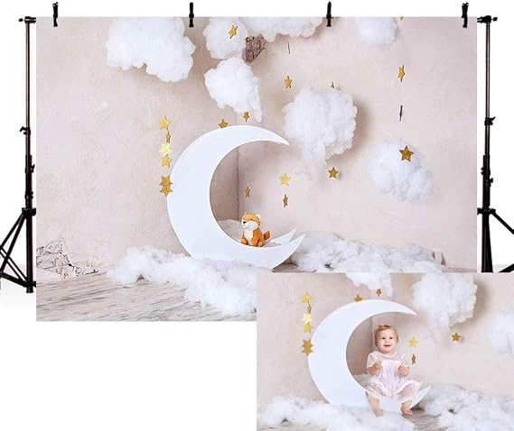 MEHOFOND Moon Gold Star Photography Backdrop for Child Kids Grey Wall White Cloud Dog Newborn Baby Photo Shoot Boy Girl Birthday Backdrop Banner Cake Smash Studio Photo Props Props 7x5ft