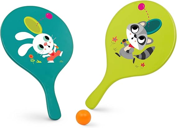 B. toys Bounce & Play Paddle Set, Paddle Ball Game, Outdoor Play, Summer | Includes 2 animal-themed paddles and 1 ball for backyard, beach, park, or picnic play; fully assembled, Summer; 3+ Years