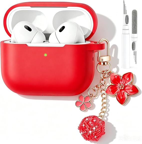 Olytop キュート Airpods Pro 3 ケースカバー ガールズ レディース Airpod Pro 第3世代 フラワーキーチェーン&クリーニングペン付き ソフトシリコン保護スキン Apple iPod Pro 3 Gen用 レッド