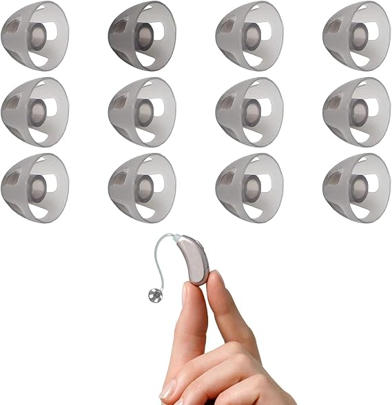 Hearing Aid Domes,12 PCS Soft Silicone Hearing Aid Open Domes,12mm Hearing Aids Earbuds,Transparent Black Ear Tips Replacement, Hearing Aid Domes for Phonak Oticon Signia Oticon Hearing Aid（Size L）