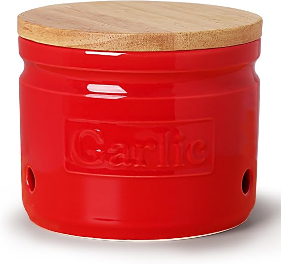 ONTUBE Ceramic Garlic Keeper with Wooden Lid 4-Inch,Garlic Holder (Red)
