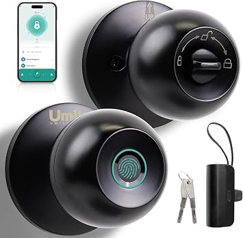 Fingerprint Door Lock, Smart Door Knob, Keyless Entry Door Lock with App Control, Thumbprint Door Knob with Extra Power Bank, Suitable for Home, Apartments, Office - Matte Black