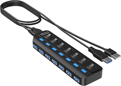 ONFINIO USB Hub 3.0 7 Port, USB Data Hub Splitter with LED Individual OnOff Switches and Lights, 5Gbps High Speed USB Port Expander for MacBook, Mac Pro, Mac Mini, iMac, Surface Pro, XPS, PC
