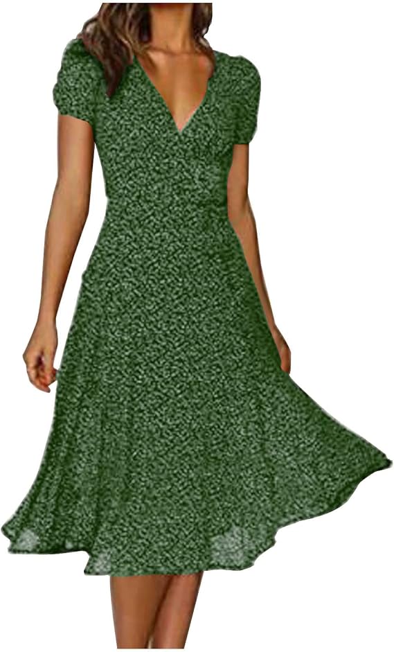Womens Summer Wrap V-Neck Tie Waist Dress Floral Boho Short Sleeve Elegant Dress Beach Casual Mid Length Midi Dress