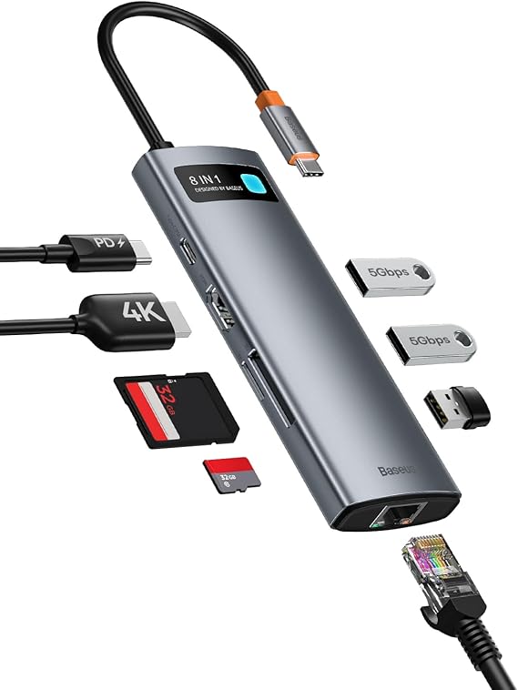 Baseus 8 in 1 USB C Hub Adapter with 4K HDMI, Gigabit Ethernet, 100W PD, 3 USB A 3.0, SD/TF Card Reader, USB Docking Station for Laptop MacBook Pro/Air, Surface Pro, iPad Pro, Dell, Steam Deck etc
