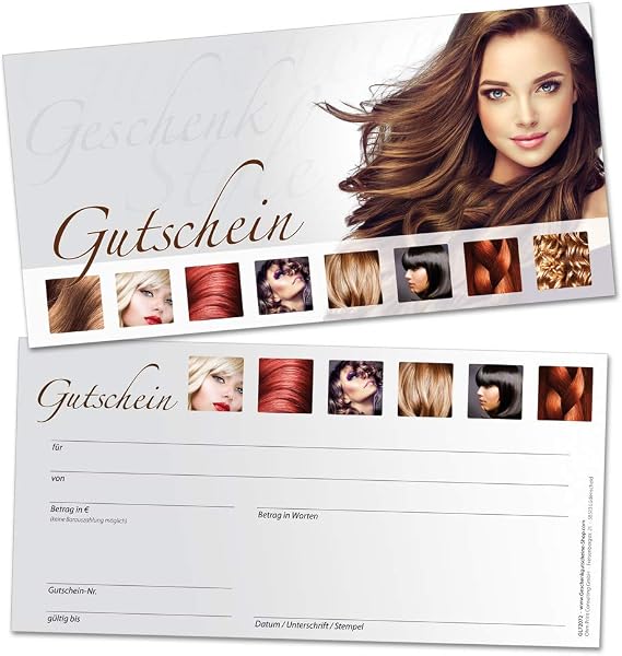 Gift Vouchers for Customers Hairdresser Hair Studio 50 Elegant Cards Blank Self-Write with Amount Name Company Stamp