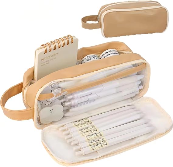 Big Capacity Pencil Case 5 Compartments Large Pencil Pouch Pen Bag Pencil Box Holder Organizer Simple Storage Aesthetic Stationery Cosmetic for Adults Men Women College Office Essentials (Brown)