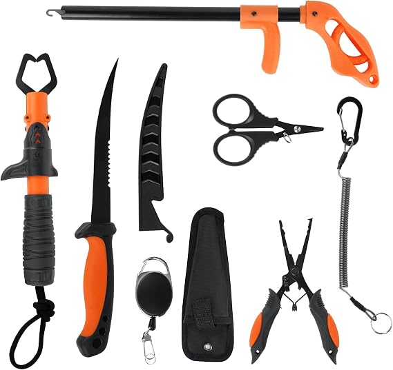 RAWILL Fishing Kit,Fishing Pliers with Lanyard,Fillet Knife,Fish Lip Gripper,Hook Remover, Scissors with Bungee Cords,As A Gift for Anglers