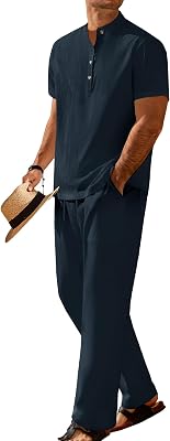 COOFANDY Mens 2 Pieces Set Short Sleeve Casual Henley Shirts Beach Yoga Pants Summer Beach Outfit
