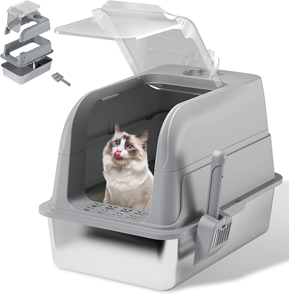 Stainless Steel Enclosed Cat Litter Box with Lid - Extra Large Covered Litter Box for Big Cats & Multi-Cat Homes, Clear Top & Easy-Access Door