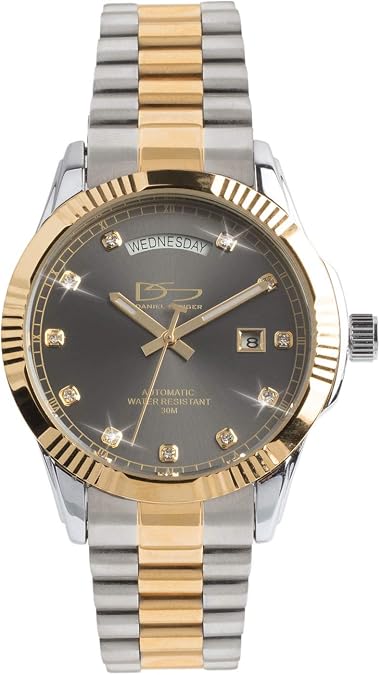 Daniel Steiger Hampshire Two-Tone Mens Watch - Self-Winding Automatic With Day & Date - Yellow Gold & Stainless Steel - Gold Dial Crystal Hour Markers - Adjustable Metal Bracelet - 30M Water Resistant