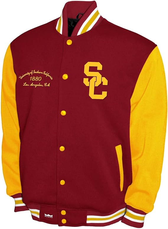 2Bhip NCAA USC Trojans Varsity Jacket - Men's Red/Gold Fleece Snap-up Letterman Jackets - Everyday Outwear