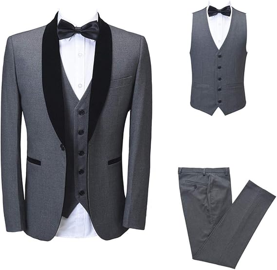 Mens Grey Suits Premium Formal Velvet Shawl Lapel Slim Fit Tuxedo Prom Wedding Groom Suits