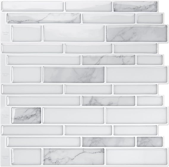 Art3d Stone Peel and Stick Backsplash, 10-Sheet, 12" x 12", White Marble