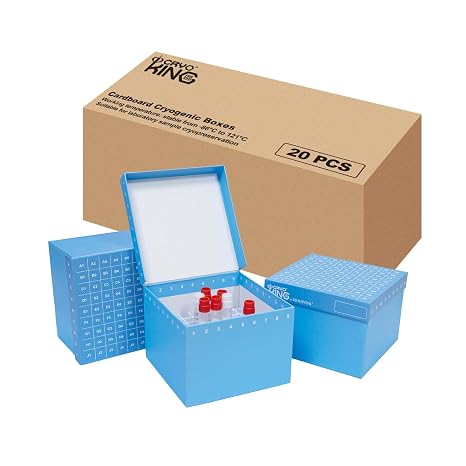 81-Well Cryo Boxes, 3.75 Inch Height, Connected Lid, 20/Case | Blue, Durable ID-Color Cardboard, Removable Straight Grid Divider, Alphanumeric Labeling, Stable from -86 C to 121 C