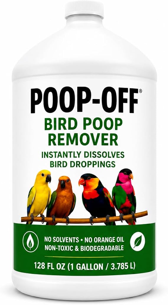 Poop-Off Bird Dropping Remover, 128 oz (1 Gallon), Fast-Acting Cleaner for Bird Cages, Surfaces & Fabrics, Updated Packaging