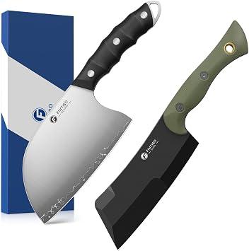FINTISO 6.5 Inch 5-Layer High Carbon Stainless Steel Meat Cleaver Serbian Chef Knife and 5.5 Inch 14C28N Blade Meat Cleaver Butcher Knife Green