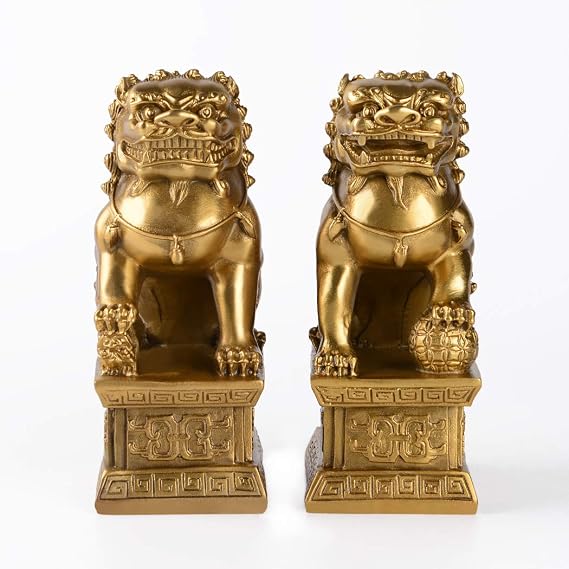 Brass Golden Guardian Lion Sculpture, Pair Foo Dogs Statues 5.9in (H) | Wealth & Protection Decor, Ward Off Evil Energy, Feng Shui Decor for Home & Entrance, Collectible Gift