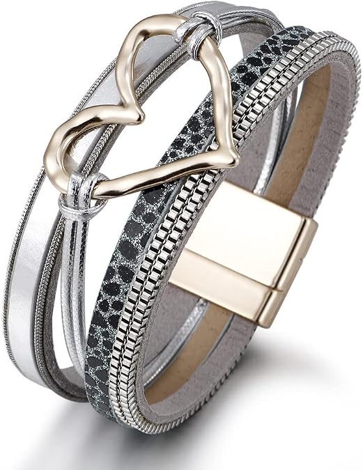 Fuqimanman2020 Punk Multilayer PU Leather Love Heart Shape Wide Wrap Bracelet Crystal Mutual Clasp Bangle Wristband Cuff Armband for Women Men Lover Velentine's Day Wedding Jewelry