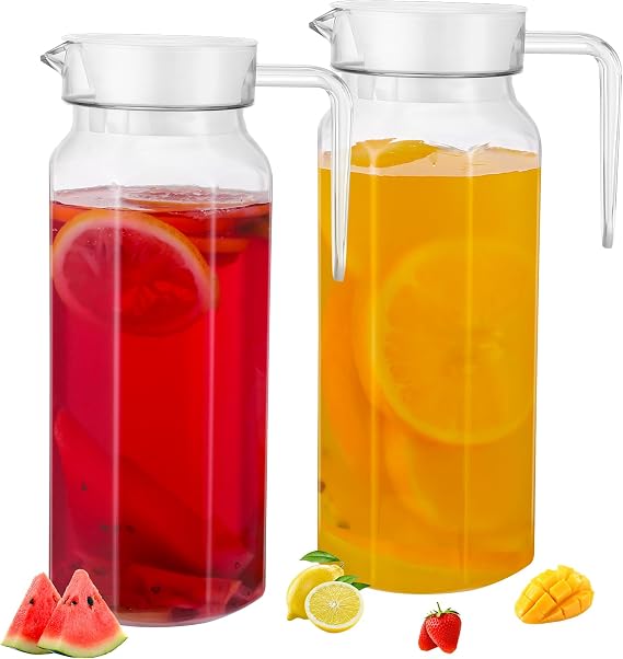 2 Pack Acrylic Pitcher with Lid, 1.1 Litre Clear Water Pitchers with Handle | Unbreakable Beverage Pitcher Juice Container Fridge Door Jug for Milk Juice Iced Tea Lemonade