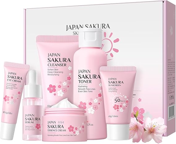 Skin Care Sets & Kits,Skin Care For Women,Cherry Blossom Skincare Sets,Pamper Sets For Women Gifts,Facial Kit with Cleanser,Toner,Serum,Eye,Essence Serum,sunscreen