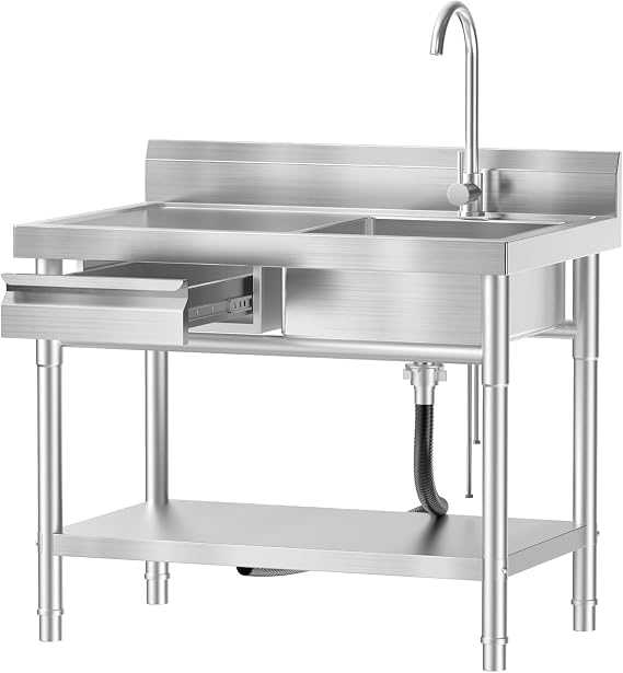 40 Inch Stainless Steel Utility Sink,Free Standing, Equipped With Hot and Cold Water Pipes, Workbench Drawers for Storage,Suitable for Kitchen, Bathroom, Farmhouse, and Outdoor Sinks.