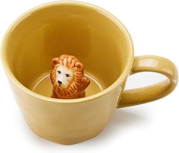 Squirrel Ceramic Mug with 3D Animal Inside, Cartoon Handmade Figurine Mug, Cute Coffee Mug with Interesting Design, Holiday and Birthday Gift for Coffee and Milk Tea Lovers (Lion)