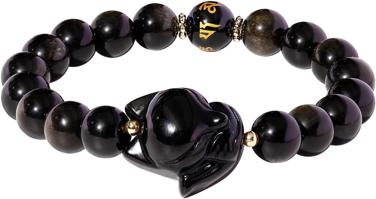 Feng Shui Gold Obsidian Beaded Bracelets Good Luck Fox Jewelry | 10mm Protection Gemstones and Stones, Black Agate "The six syllable Mantra", Stretch Bracelets for Women and Men, Unisex