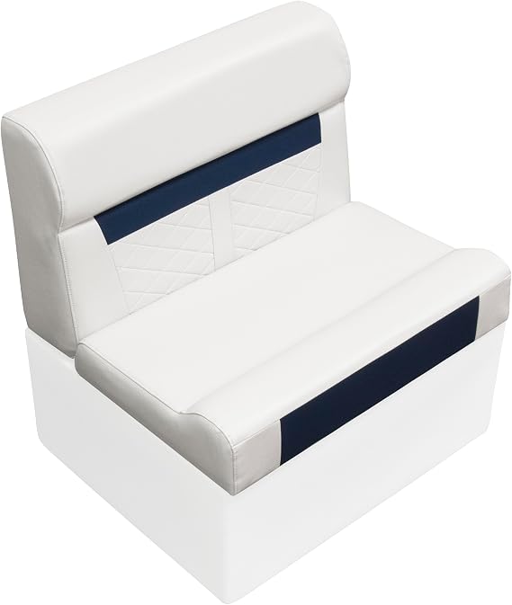 Wise DLX95-1904 DLX Series 28" Pontoon Bench Cushion Set - White/Mariner Blue | 28 oz marine vinyl with embossed details, high compression foam, hinged cushion for storage access, base sold separately