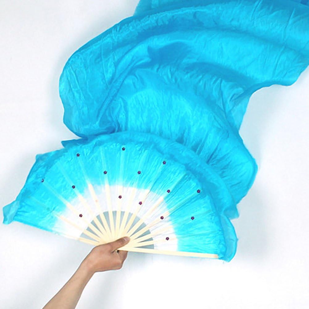 Hand Made Belly Dance Dancing Silk Bamboo Long Fans, Women Dance Costume Bamboo Long Silk Fans Veil Silk FanBlue