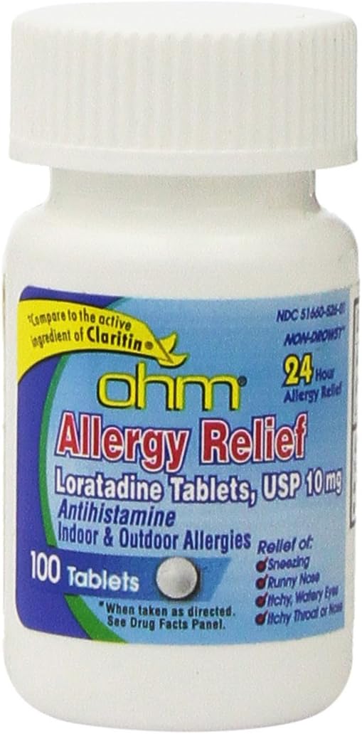 Ohm Allergy Pills - Loratadine Allergy 24 Hour Non Drowsy Relief for Seasonal Allergies, Sneezing - Loratadine 10 mg Antihistamine for Effective Non-Drowsy 24-Hour Symptom Relief - 100 Count
