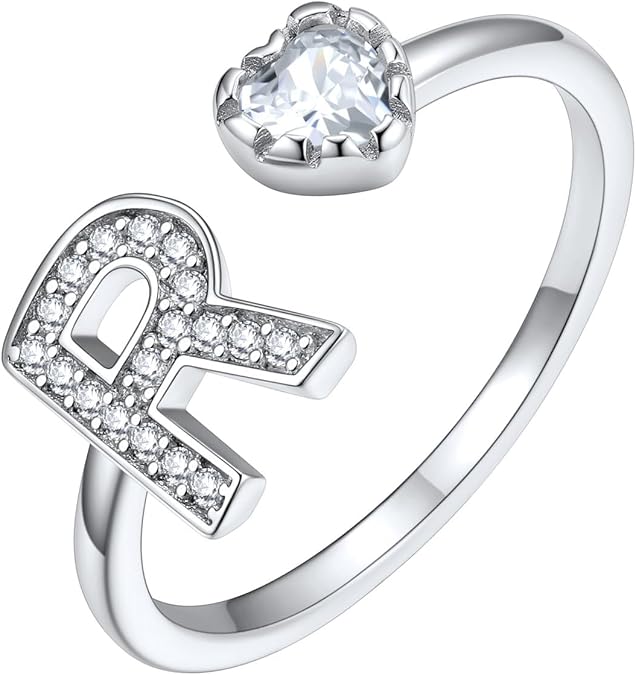 Silvora 925 Sterling Silver CZ Initial Ring, Dainty Adjustable Open A-Z 26 Alphabet Letter Rings for Women
