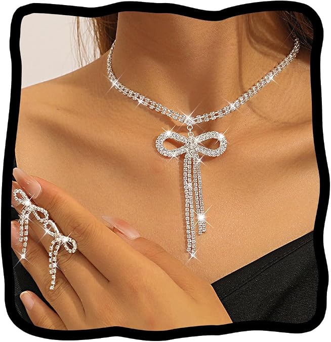 JEAIRTS Rhinestone Bow Jewelry Set Bling Crystal Necklace Sets for Women