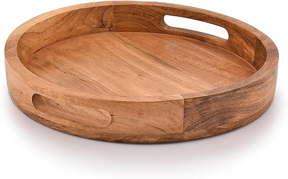 Samhita Round Serving Acacia Wooden Tray with Handles for Serving Beverages & Food on Bar Living Room Home Dining Table (30.48cm x 30.48cm x 4.06cm)