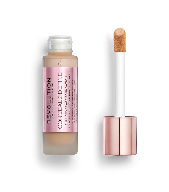 Revolution, Conceal & Define Foundation, Full Coverage, Long-Lasting Matte Finish, Vegan & Cruelty-Free, F8 Light to Medium Skin Tones, 0.8 fl oz