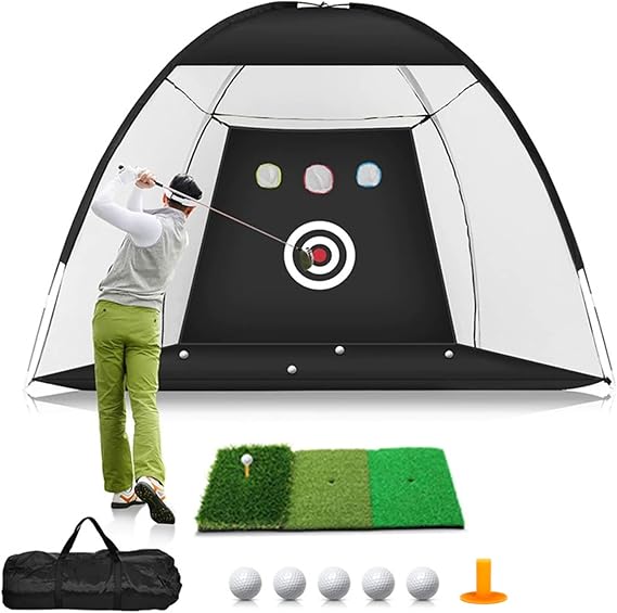 Golf Practice Net 10x7Feet (300x200cm) with Tri-Turf Mat set Golf Training Chipping Aid Nets with Reduce Noise Nylon Target (L)