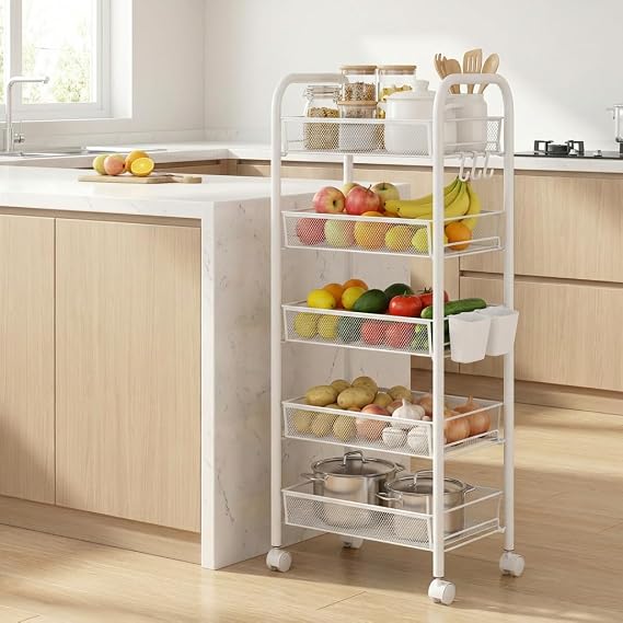 5 Tier Slim Fruit Basket, Stackable Vegetable Storage Cart for Kitchen, Metal Wire Fruit Basket Organizer On Wheels, Rolling Produce Pantry Snack Rack for Fruits, Potato, Onion, Snacks