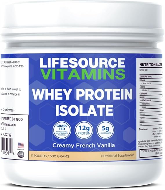 LifeSource Vitamins Grass-Fed Whey Isolate French Vanilla 1.1 lb | Grass-Fed Whey Stevia Mixes Smoothly Isolate