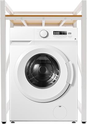Washer Dryer Stacking Rack Stand, Washer and Dryer Storage Shelf with Adjustable Shelf for Bathroom, Laundry Rooms, Apartments, Garages WhiteYellow