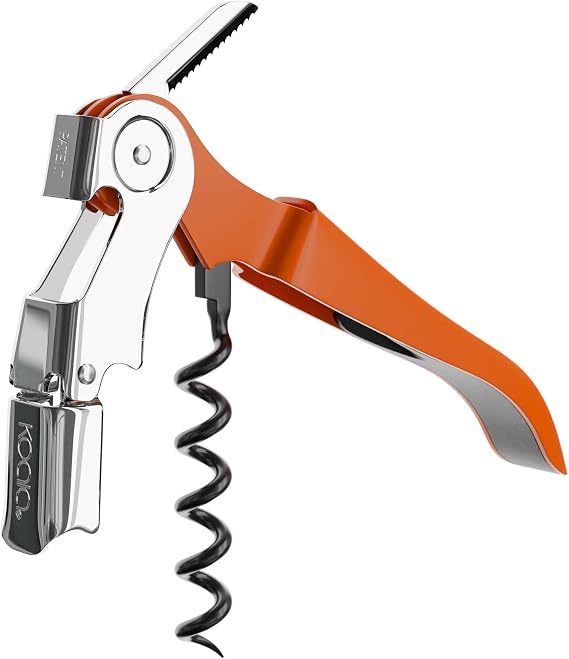 Two-Stroke Double Lever Corkscrew, Teflon Anti-Tear Spiral Corkscrew, Stainless Steel, Orange