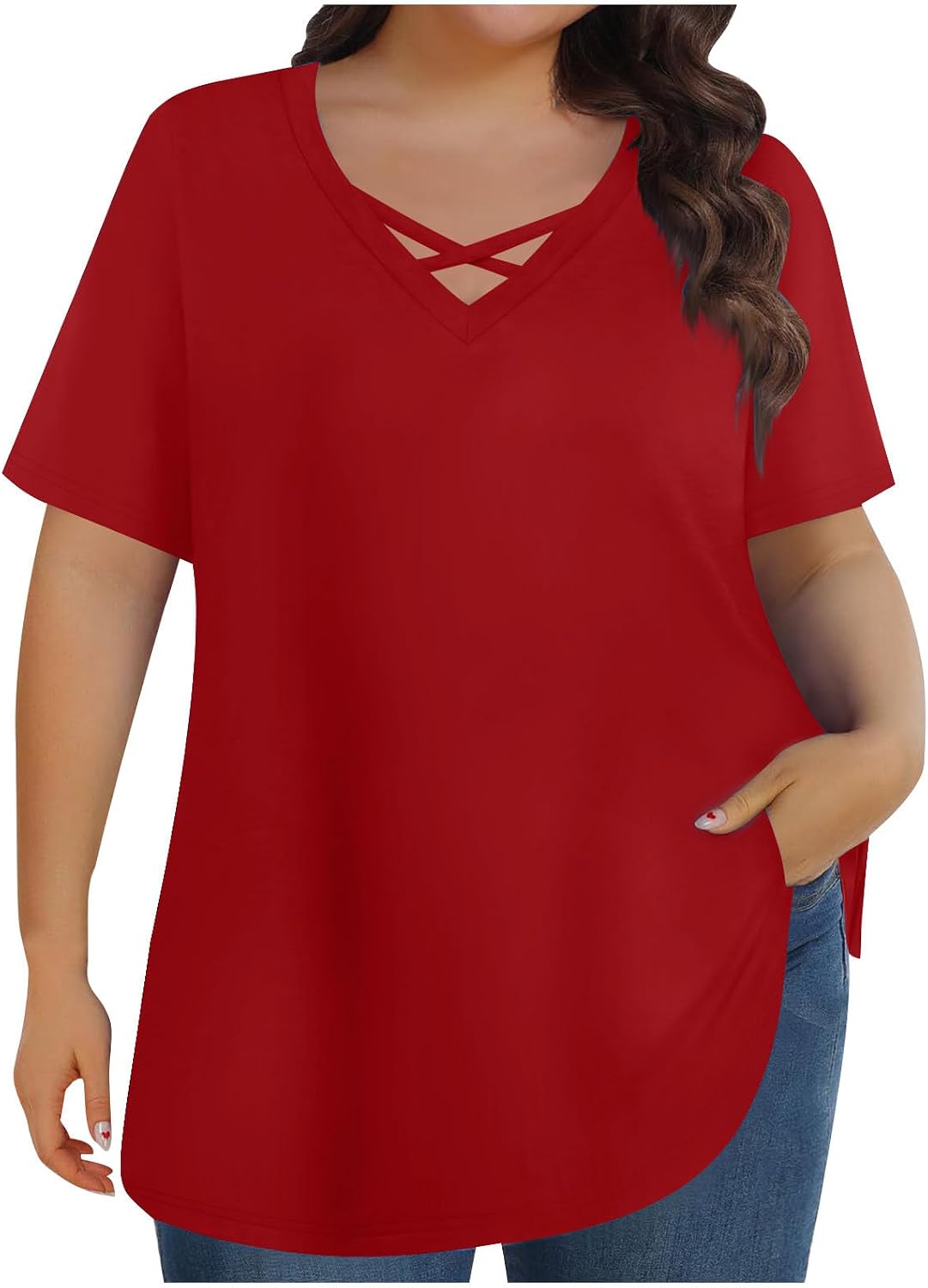 Summer Tops for Women Short Sleeve Loose V Neck Criss Cross Solid Color t-Shirts Plus Size Casual Fashion Blouses